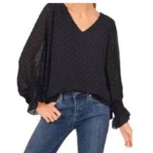 Vince Camuto Clip-Dot Smocked-Cuff Top in Rich Black Large (Note on Newness)